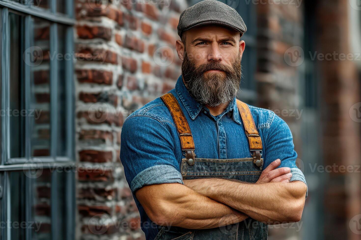A bearded man with a hat and overalls standing in front of a brick wall photo