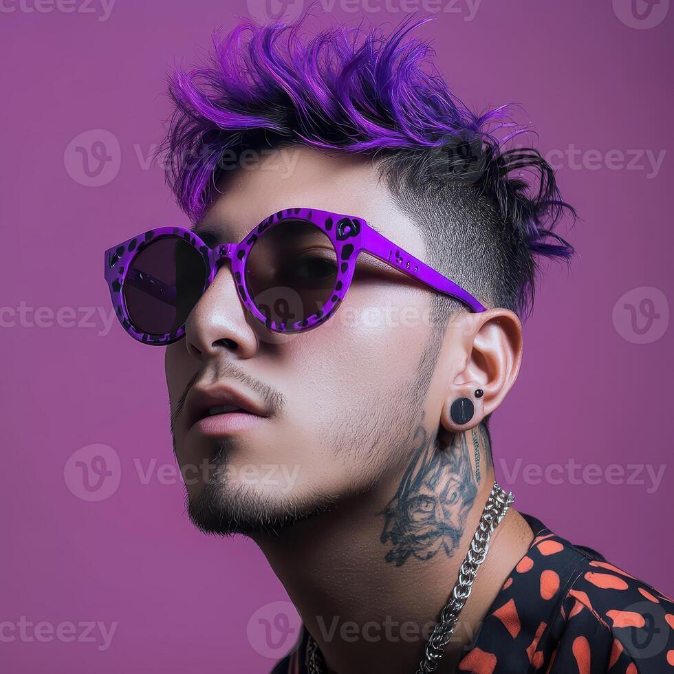 A man with purple hair and sunglasses photo