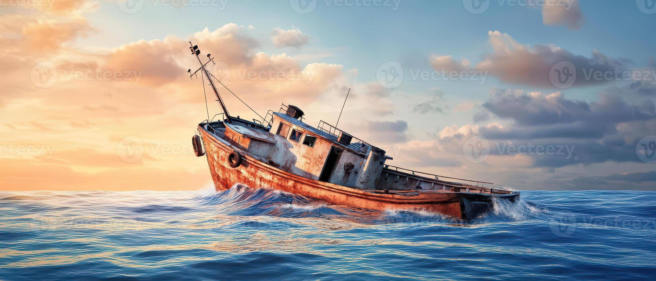 A boat is floating in the ocean at sunset photo