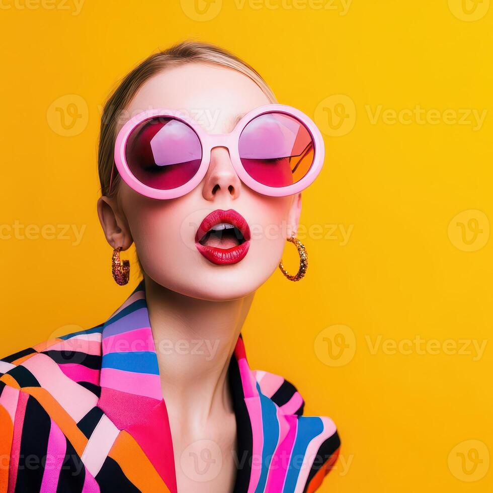 Fashion model with colorful sunglasses on yellow background photo