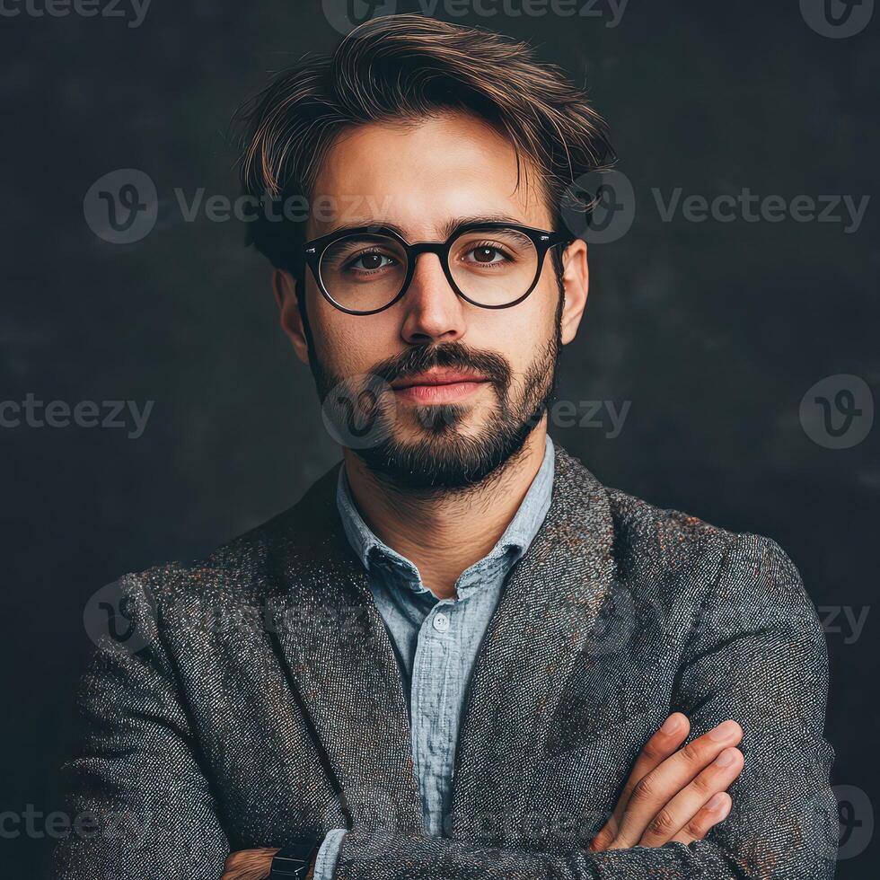 A man with glasses and a beard is standing with his arms crossed photo