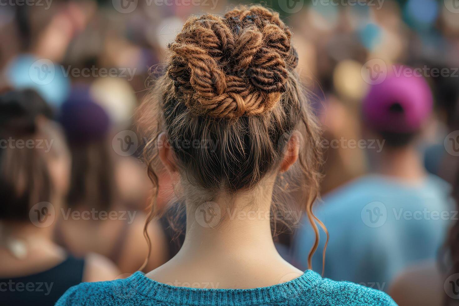 A woman with a bun in her hair at a crowd photo