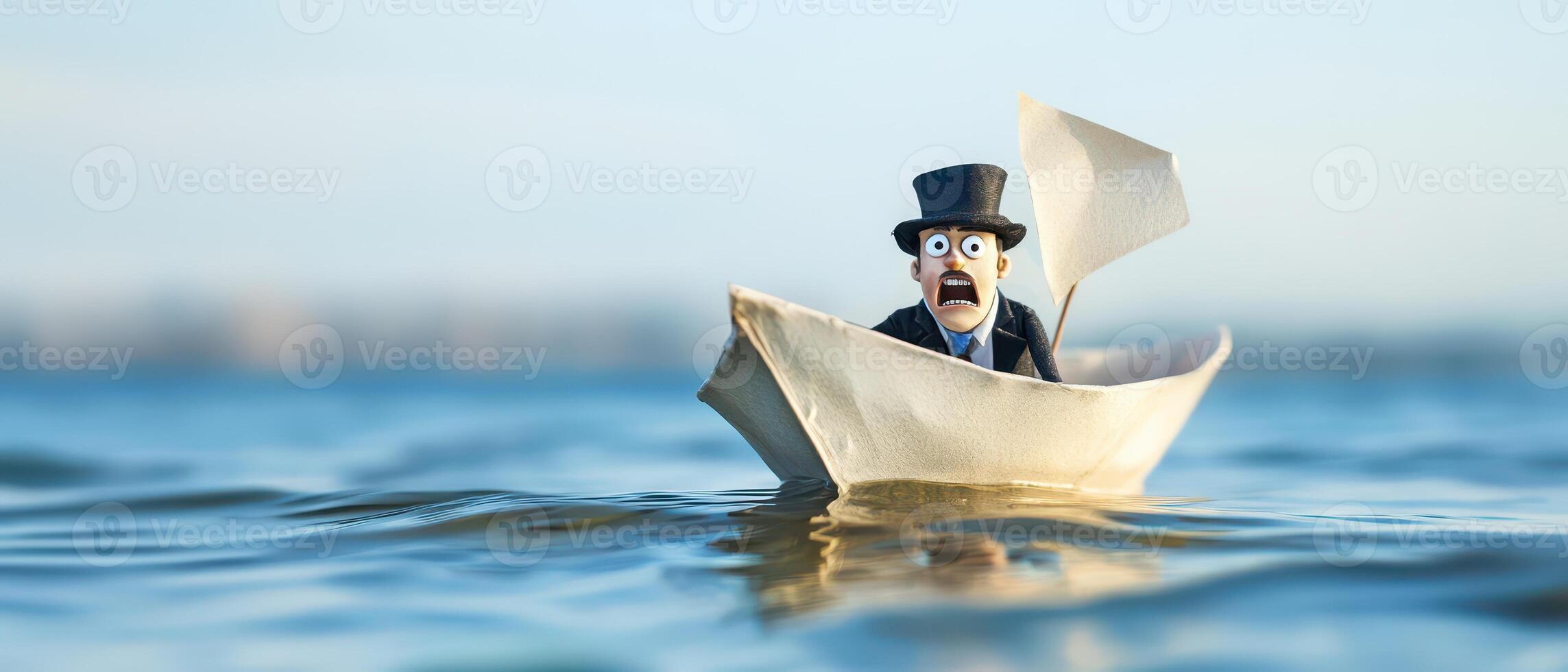 A man in a top hat and suit is on a paper boat photo