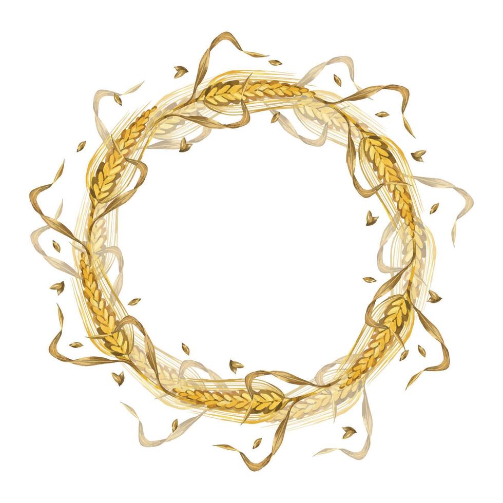 Wreath of wheat ears, wheat leaves and ripe grains. All objects are hand-drawn with watercolors and isolated on a white background. Suitable for printing on fabric, product packaging, and tableware vector
