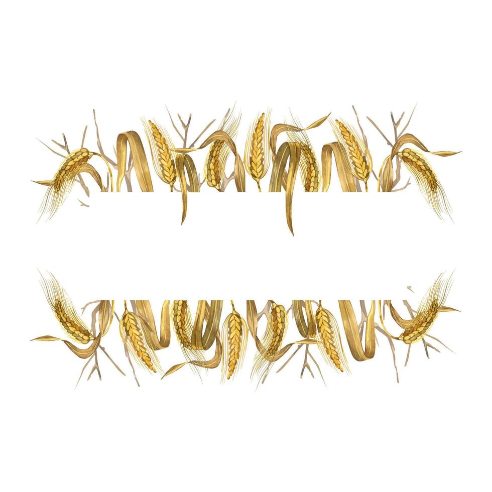 Rectangular frame of ripe wheat ears, leaves and grains. All objects are hand painted with watercolors. Suitable for design, printing on food packaging, bakery products, postcards vector