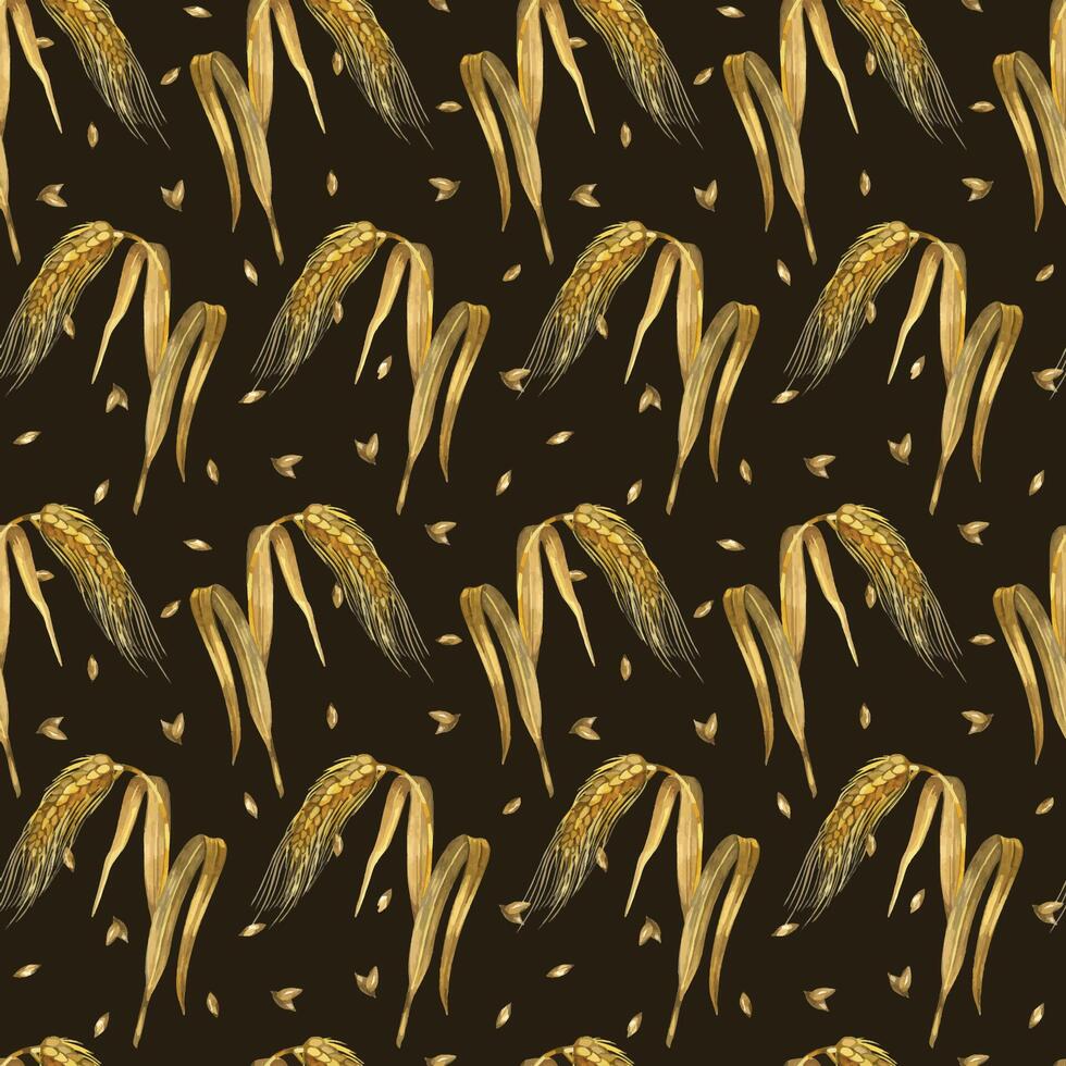 Wheat ears, seamless watercolor pattern of wheat ears, all objects are hand-drawn with watercolor and isolated on a white background. Seamless watercolor pattern. For printing on fabric, paper vector