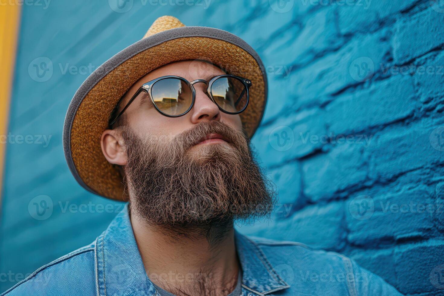 A man with a beard and hat is standing in front of a blue wall photo