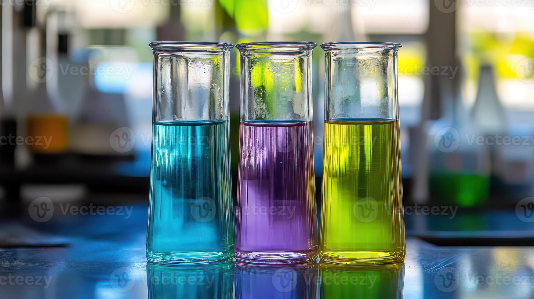 Three colorful liquid in glass beakers photo