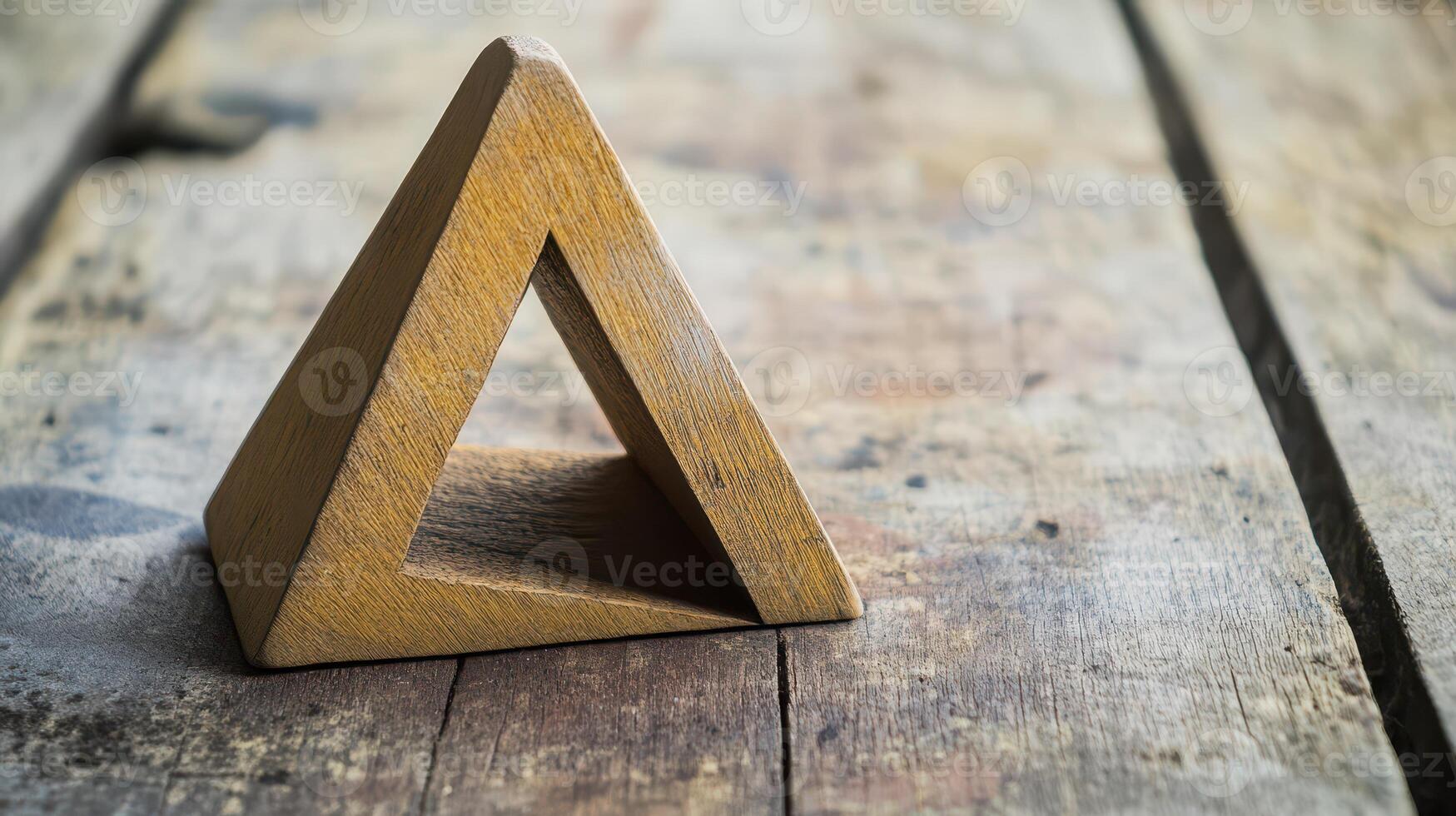 A wooden triangle on a wooden table photo