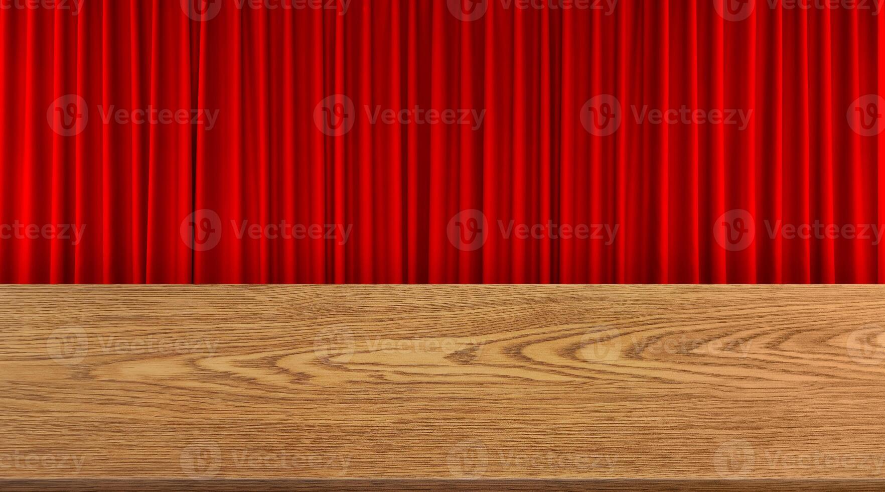 Empty wooden table with bright red curtain background. photo