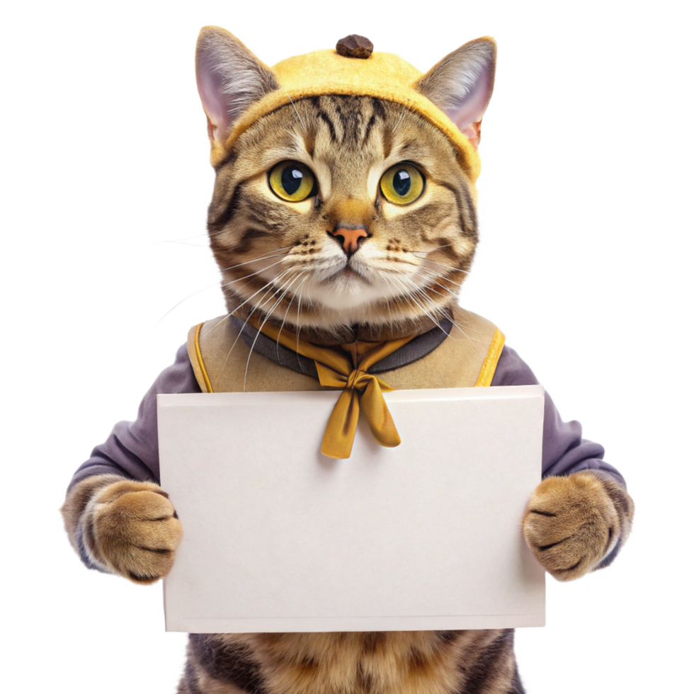 playful cat holding blank signboard is isolated on transparent background png