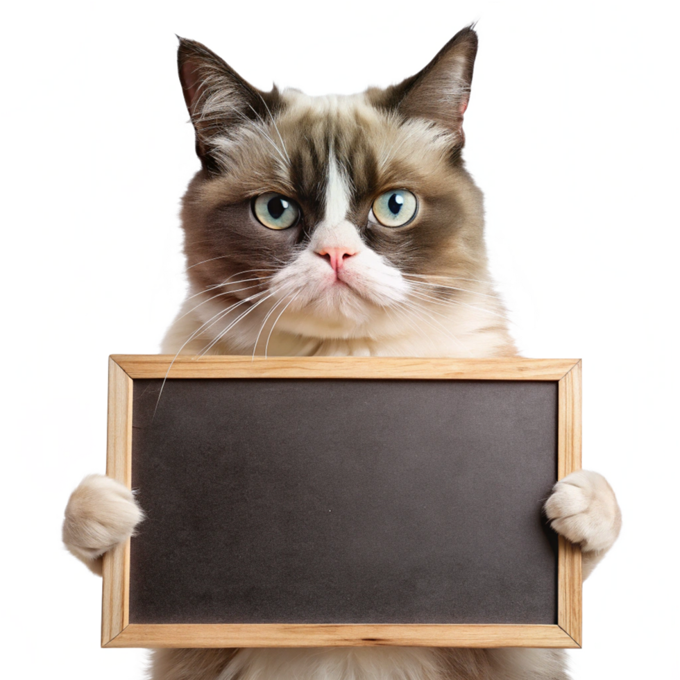 a grumpy cat with a blank chalkboard is isolated on transparent background png