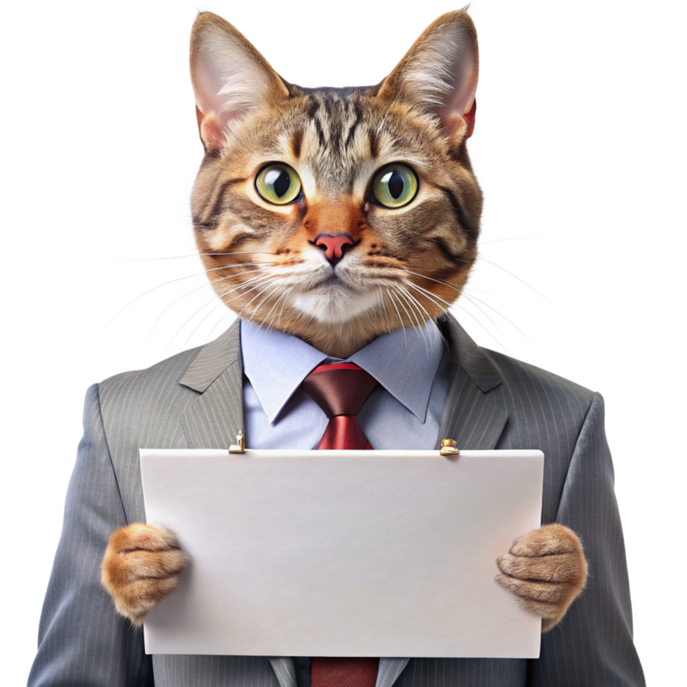 a business like cat holding blank signboard is isolated on transparent background png