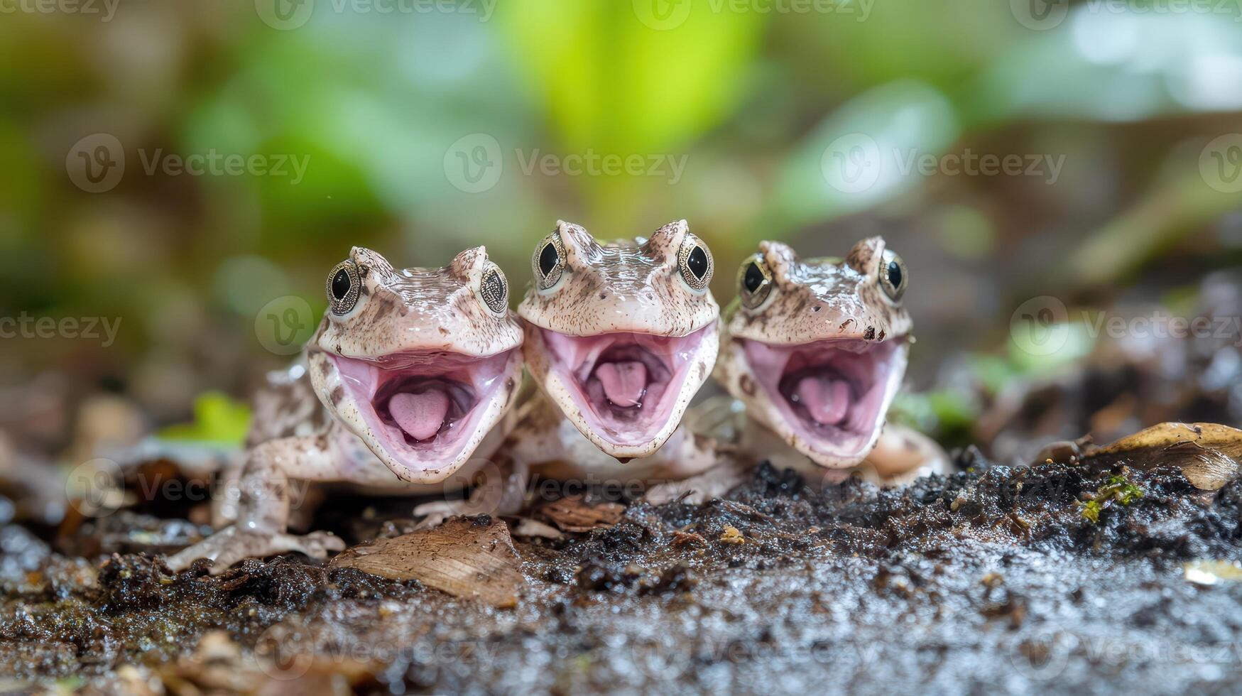 Three frogs with their mouths open in the dirt photo