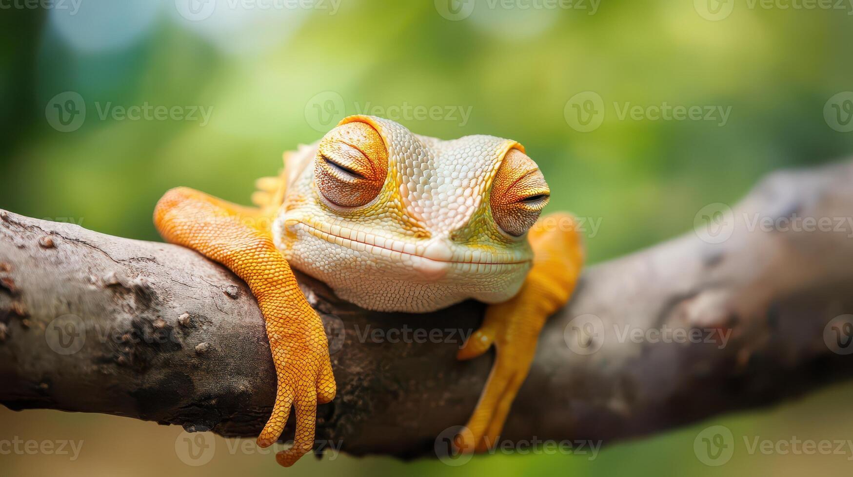 A lizard is sitting on a branch with its eyes closed photo