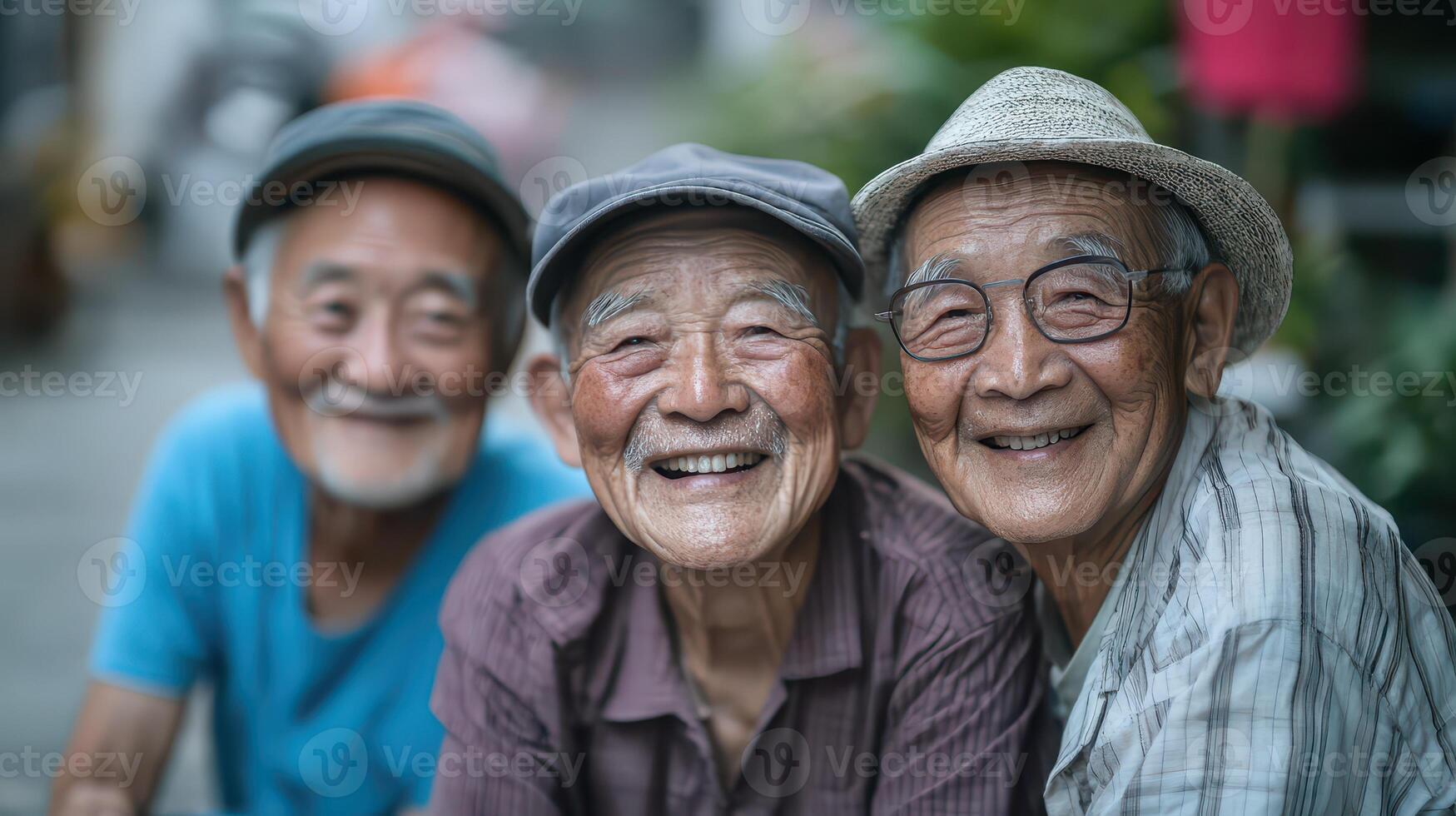 Three older men smiling and laughing together photo