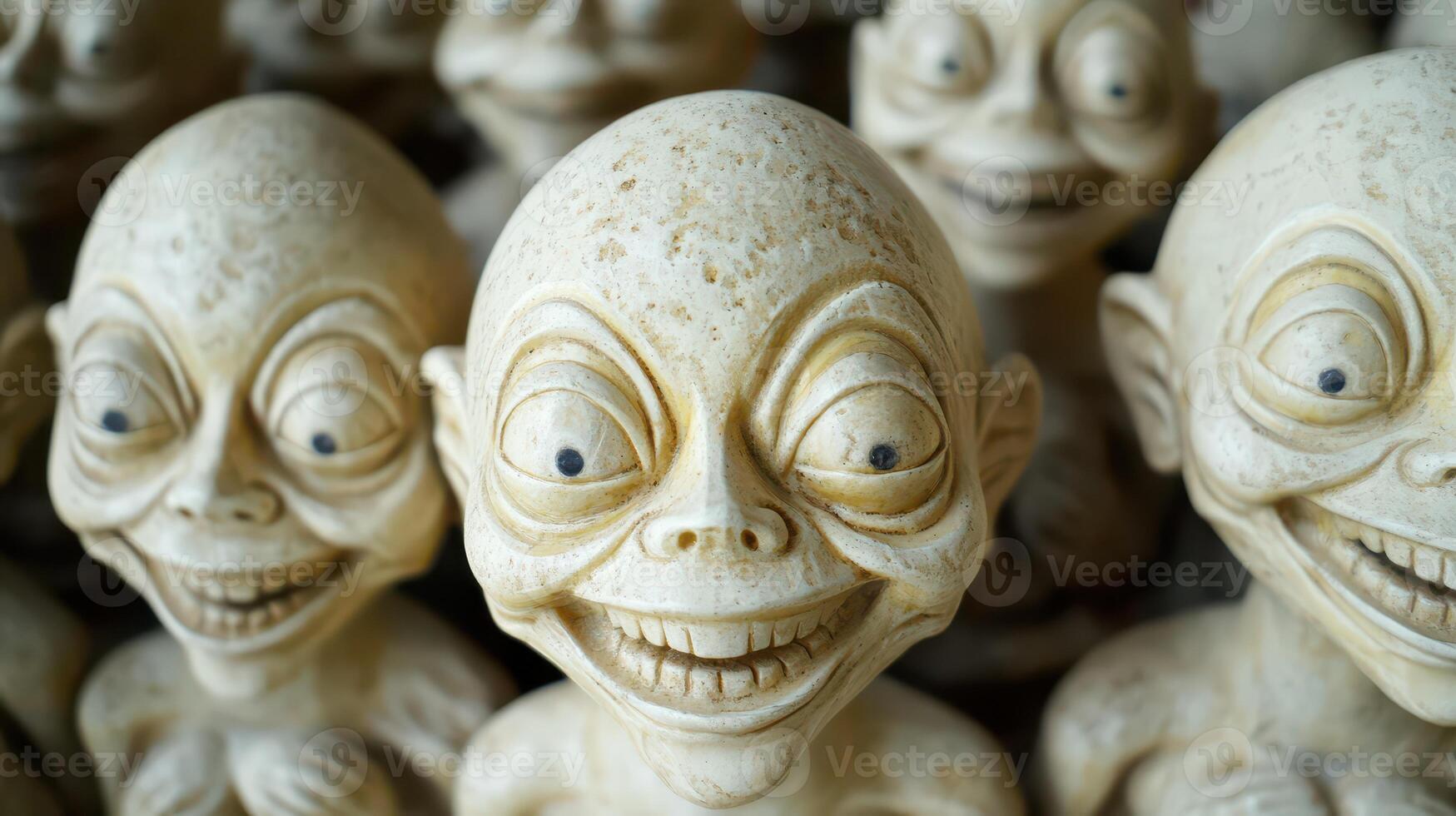 A group of wooden statues with faces and eyes photo
