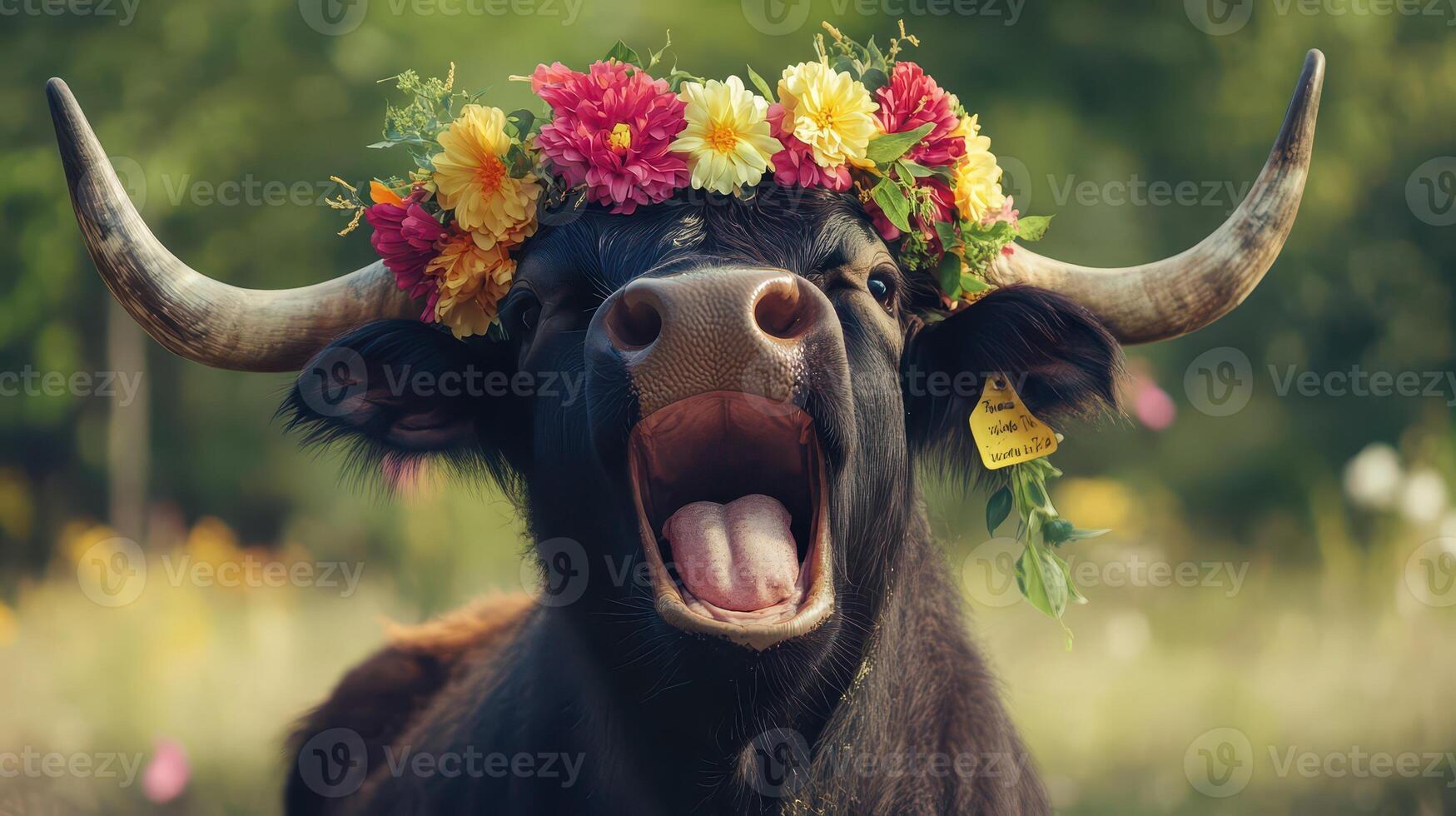 A bull with flowers on its head photo