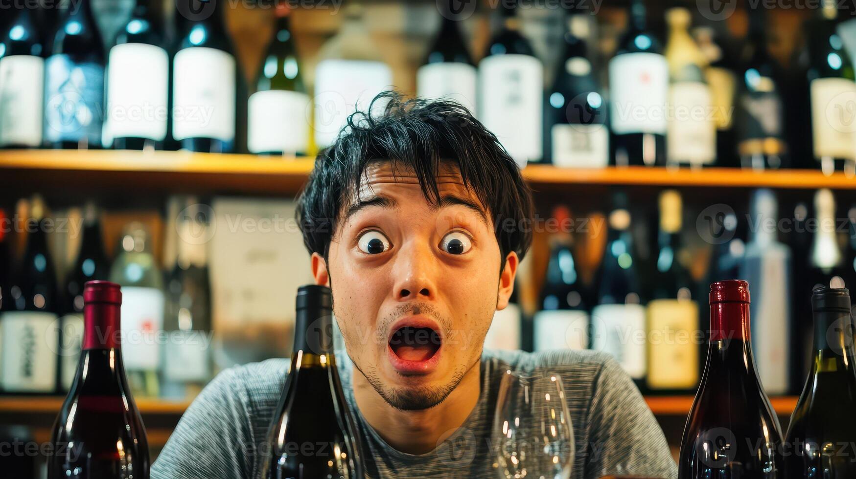 A man with a surprised look on his face in front of wine bottles photo