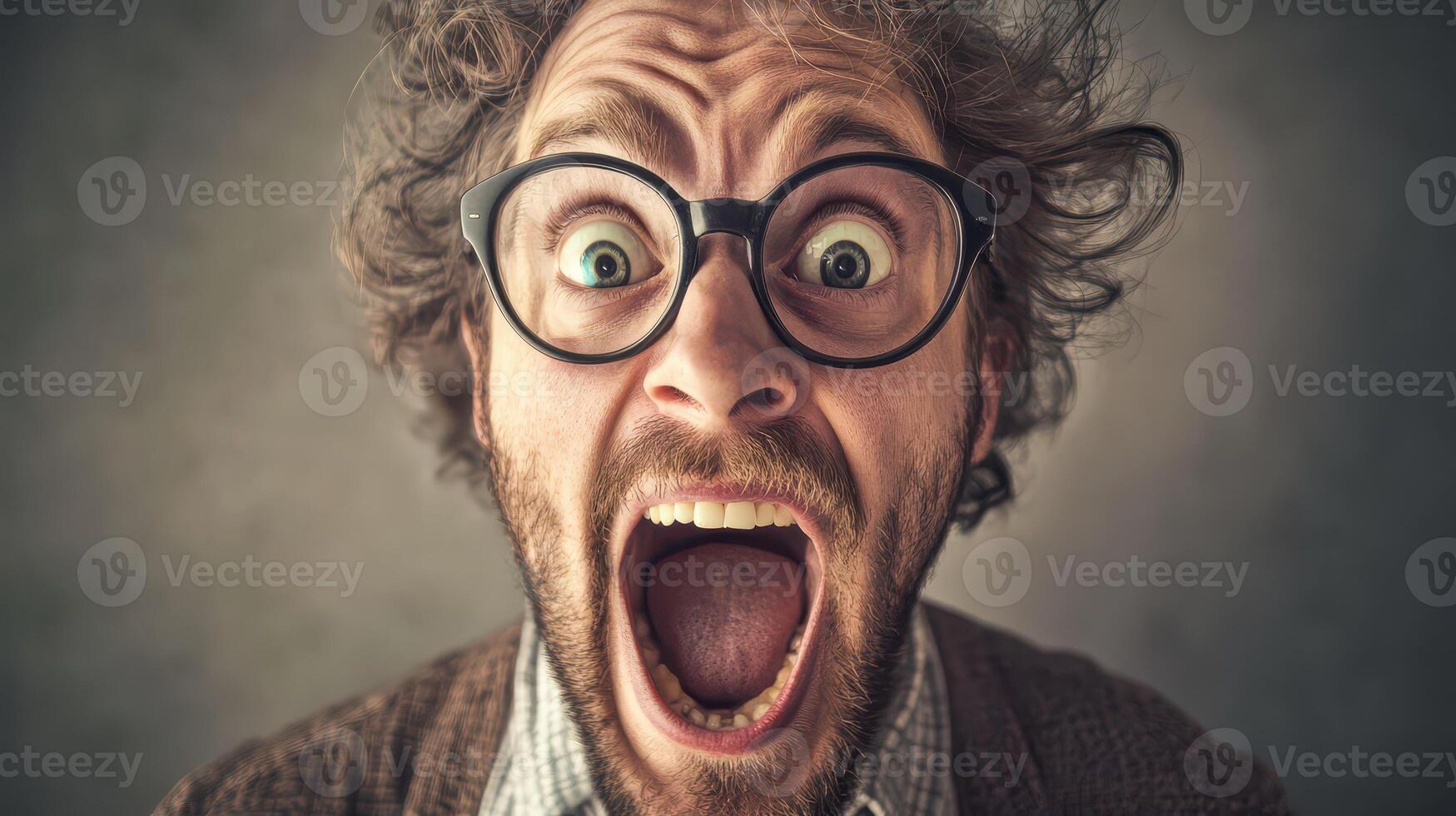 A man with glasses and a beard is making a face photo