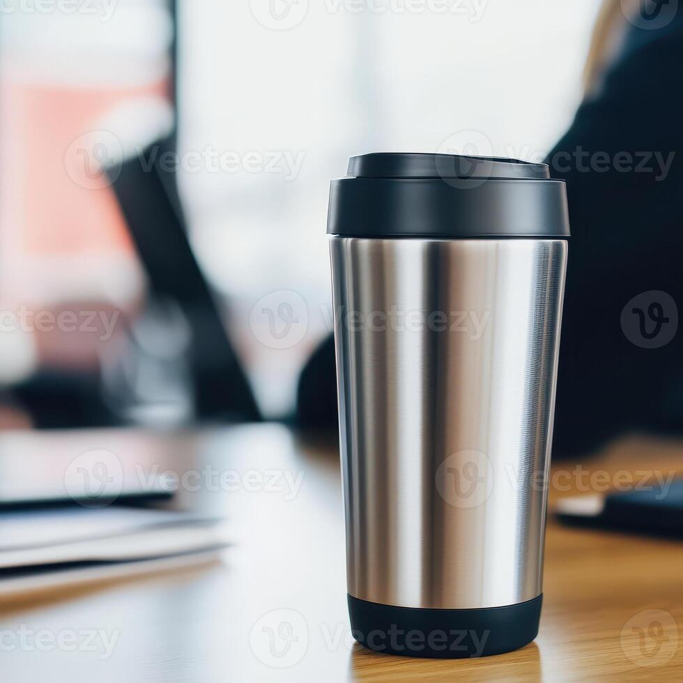 A stainless steel travel mug sitting on a table photo