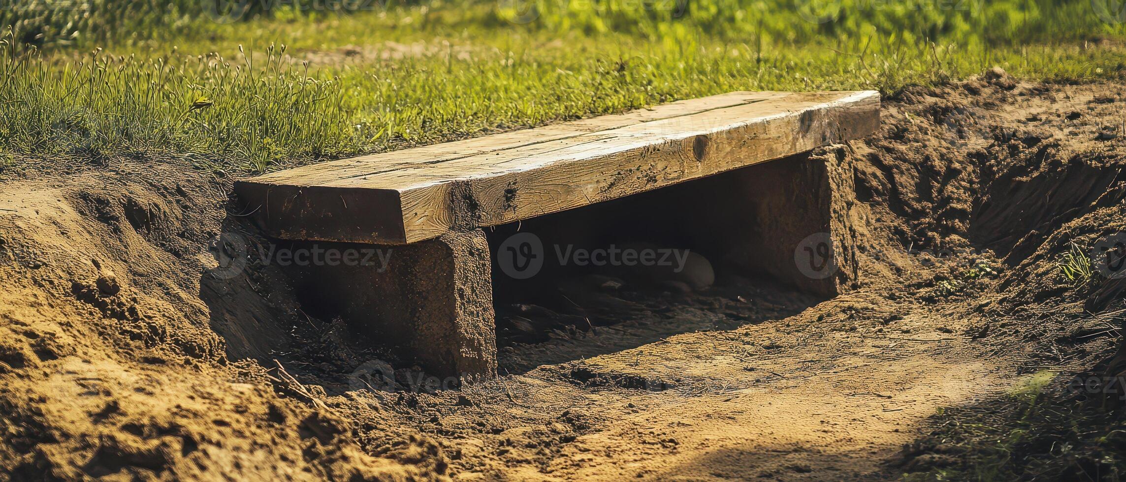 A wooden bench sitting in the dirt photo