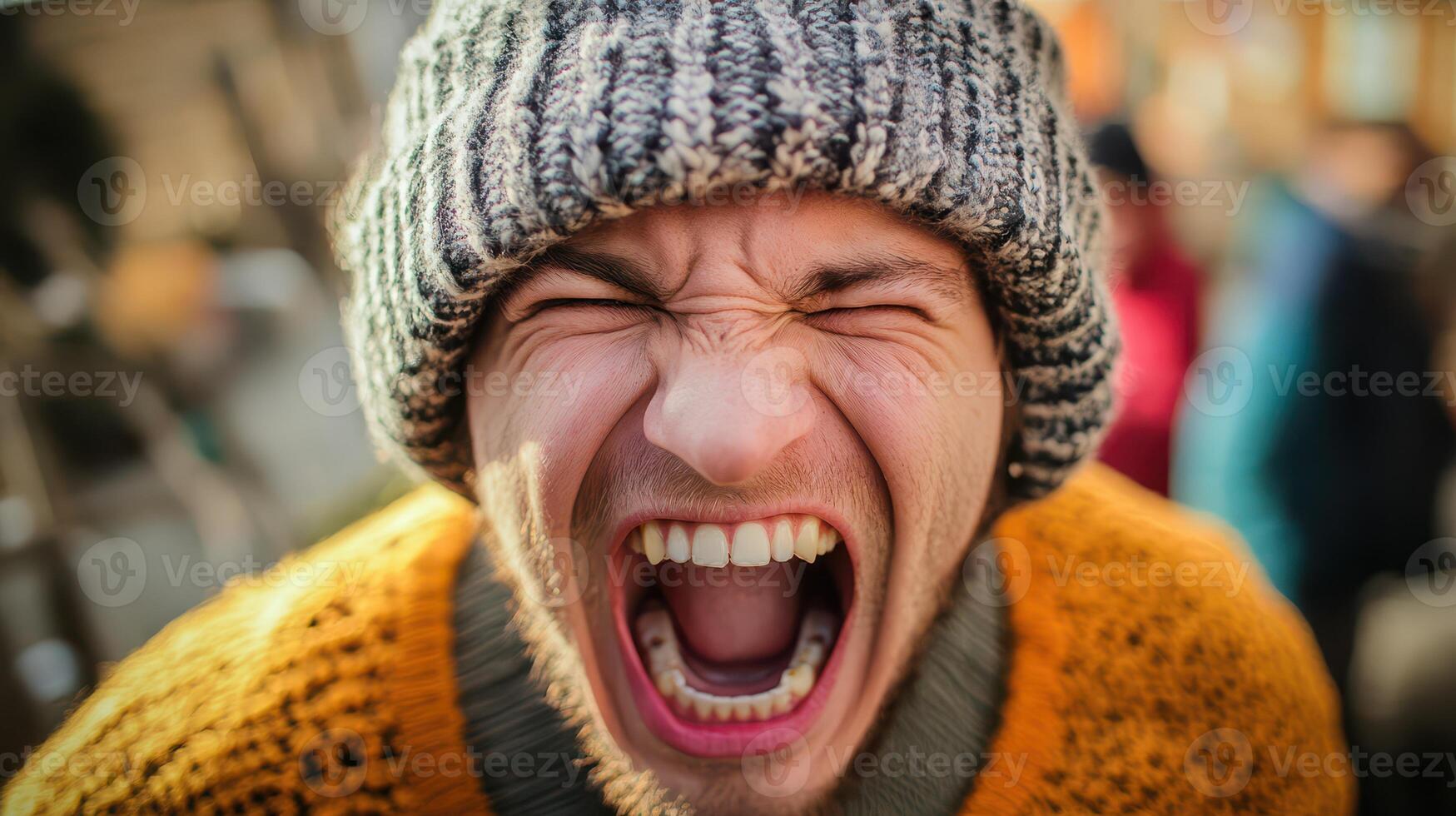 A man with his mouth open and a hat on photo