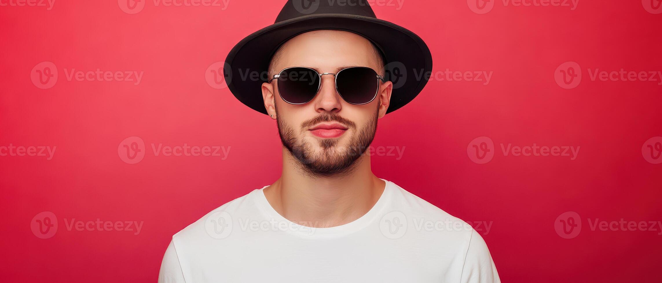 A man wearing a hat and sunglasses on a red background photo