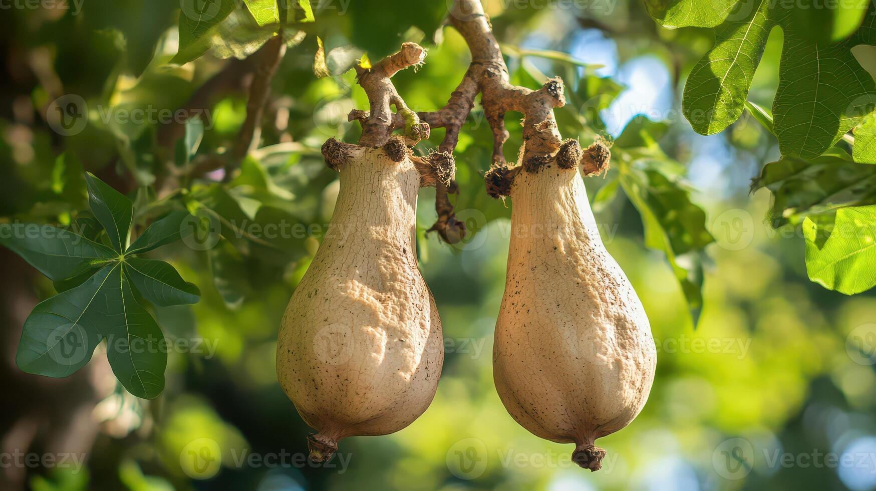 Two large, brown fruit hanging from a tree photo