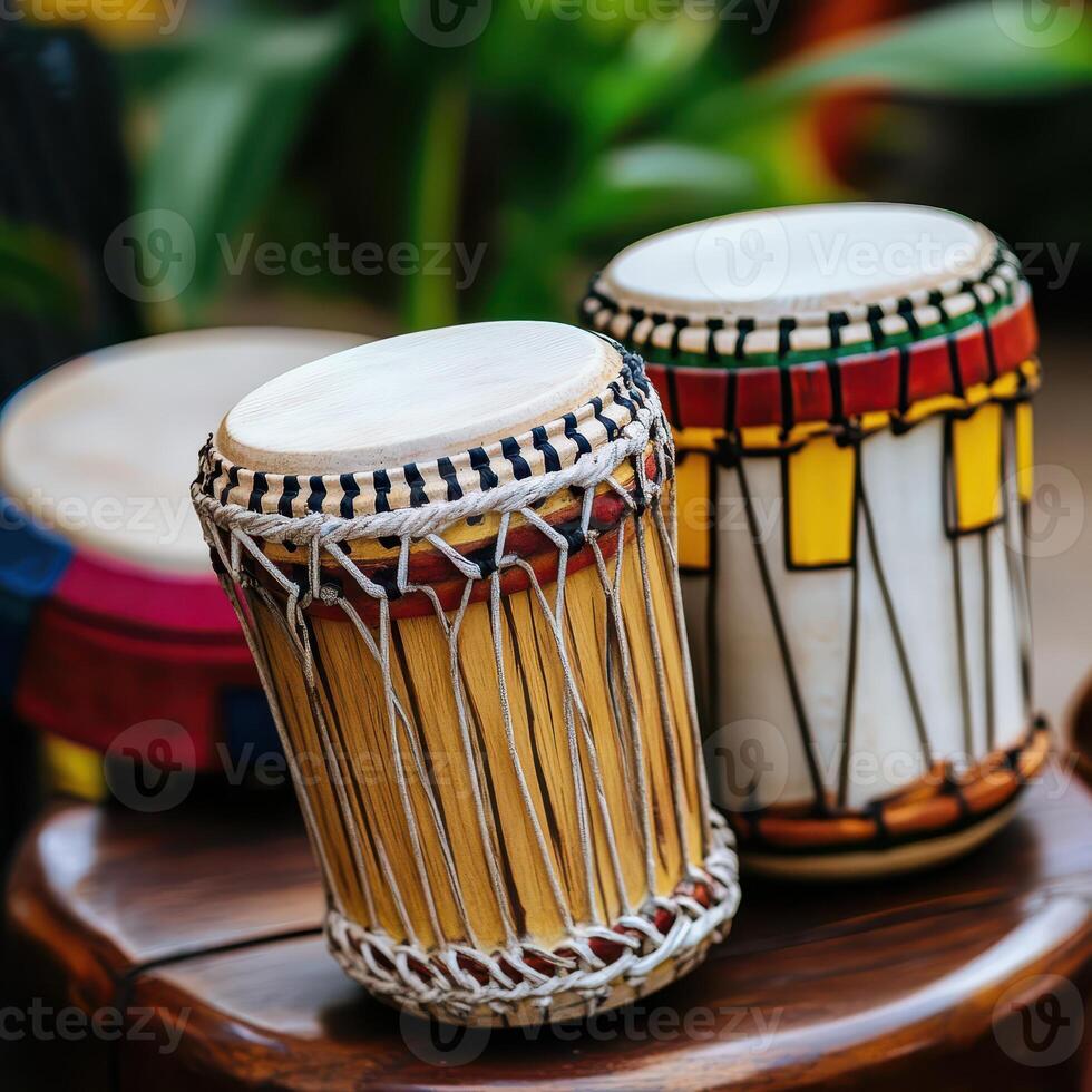 Indian drums on wooden table photo