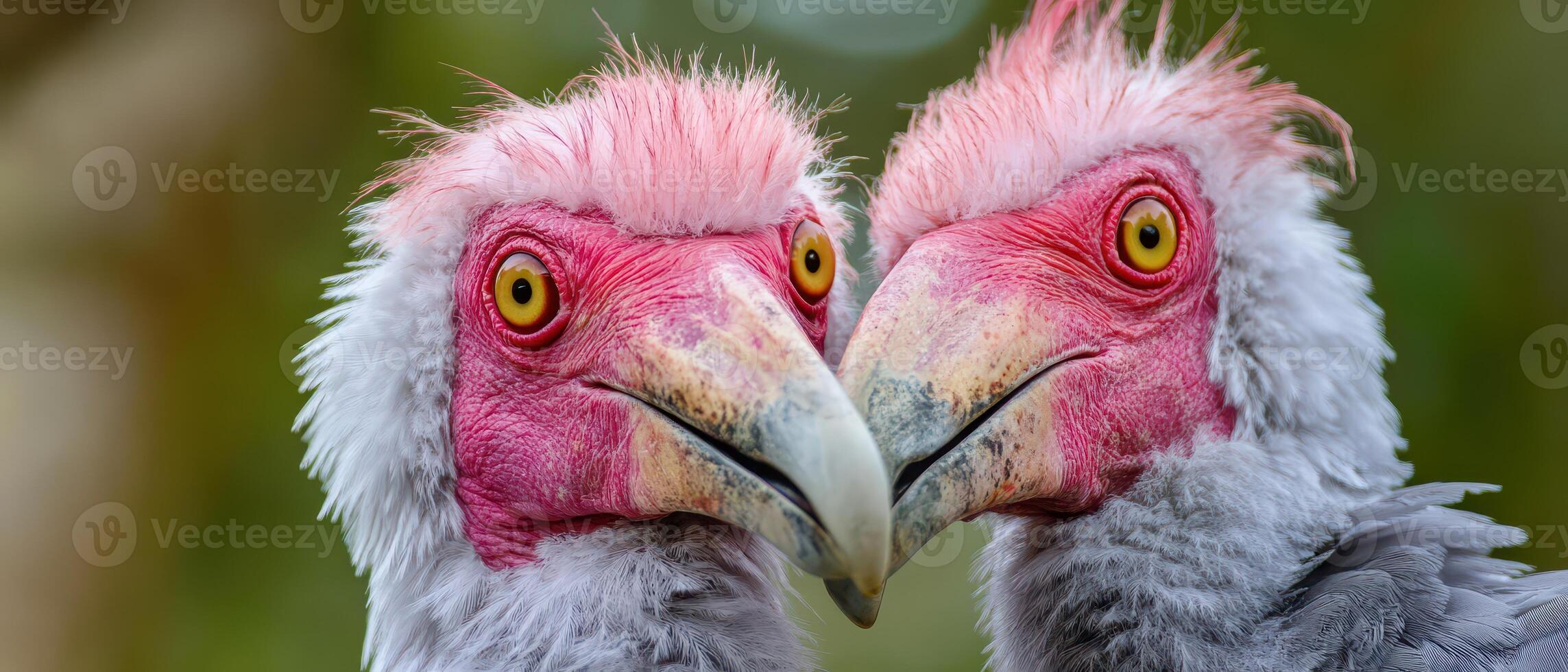Two birds with pink beaks are looking at each other photo