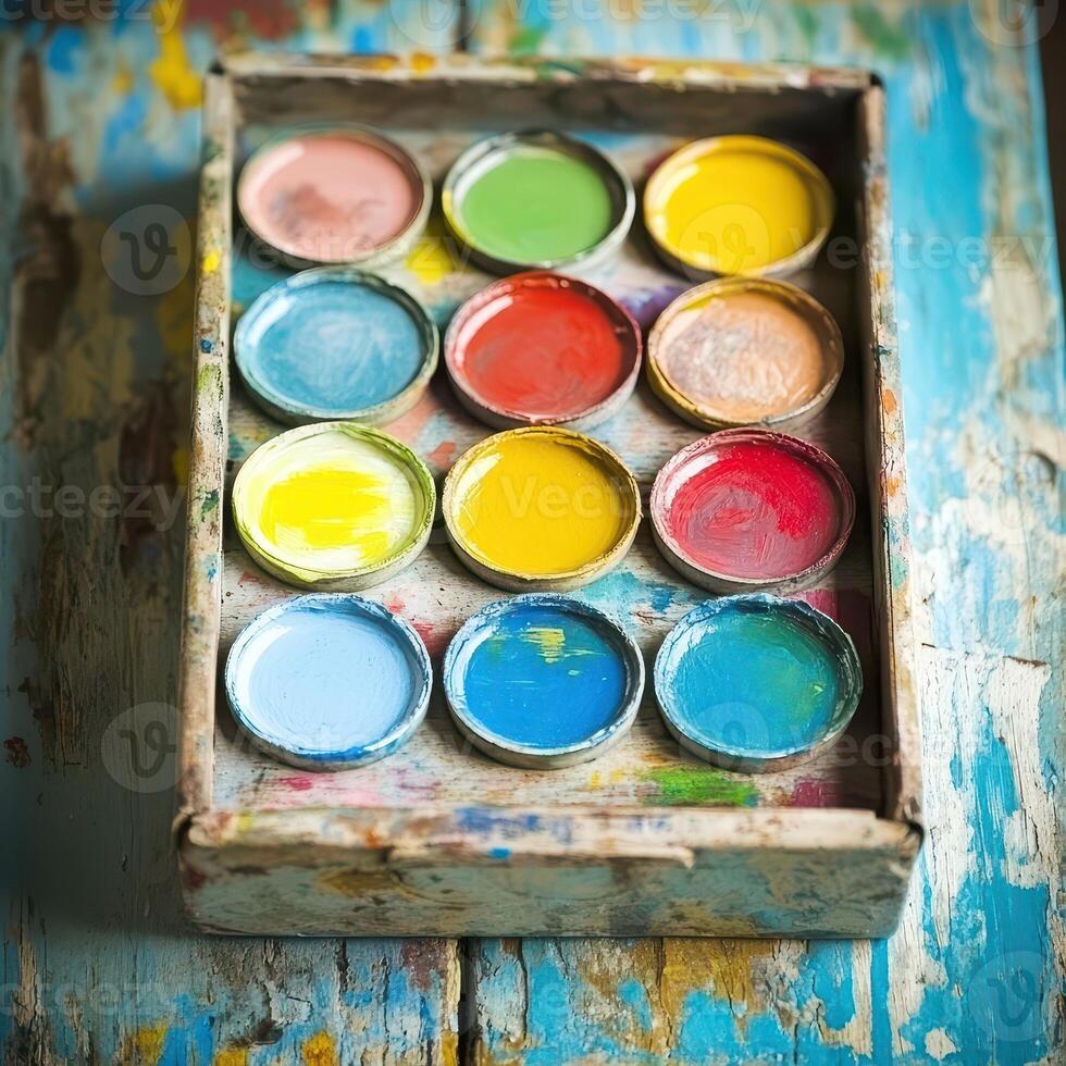 A wooden box with paint cans on a blue table photo
