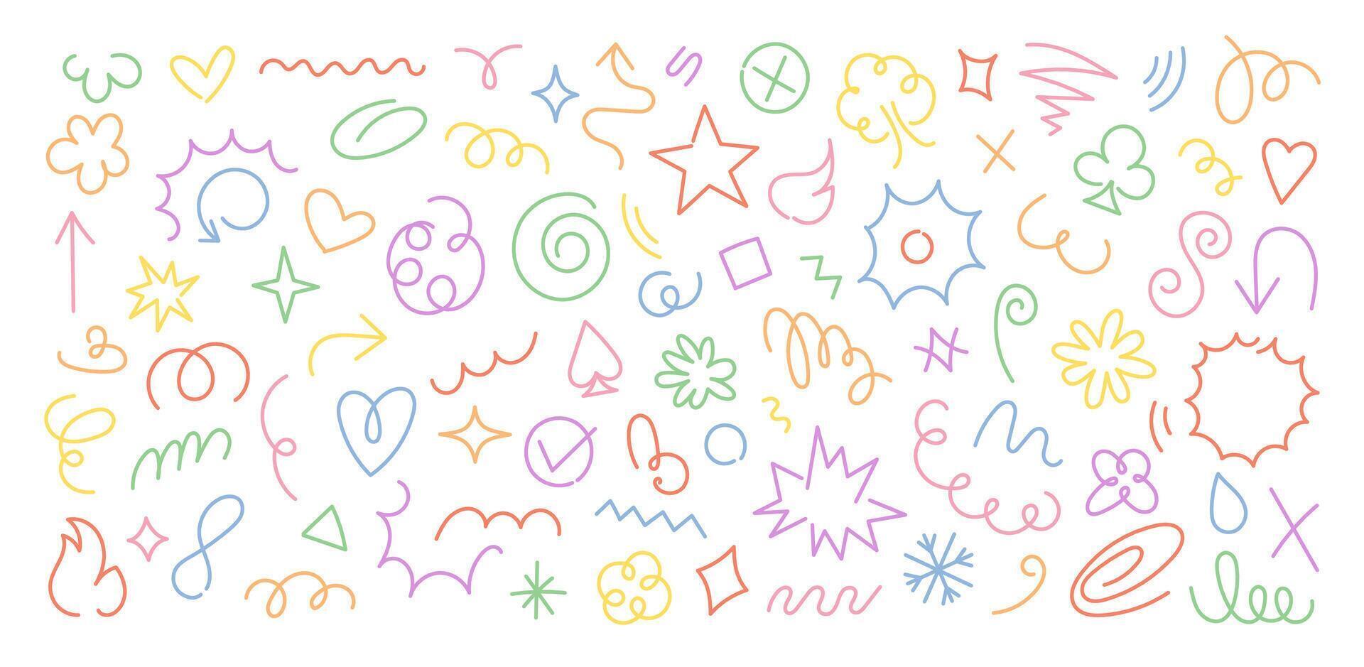 Collection of multicolor hand drawn stickers, scribbles, and doodles in a minimalist linear style. Simple Colorful monoline design elements with copy space, perfect for posters, social media prints vector