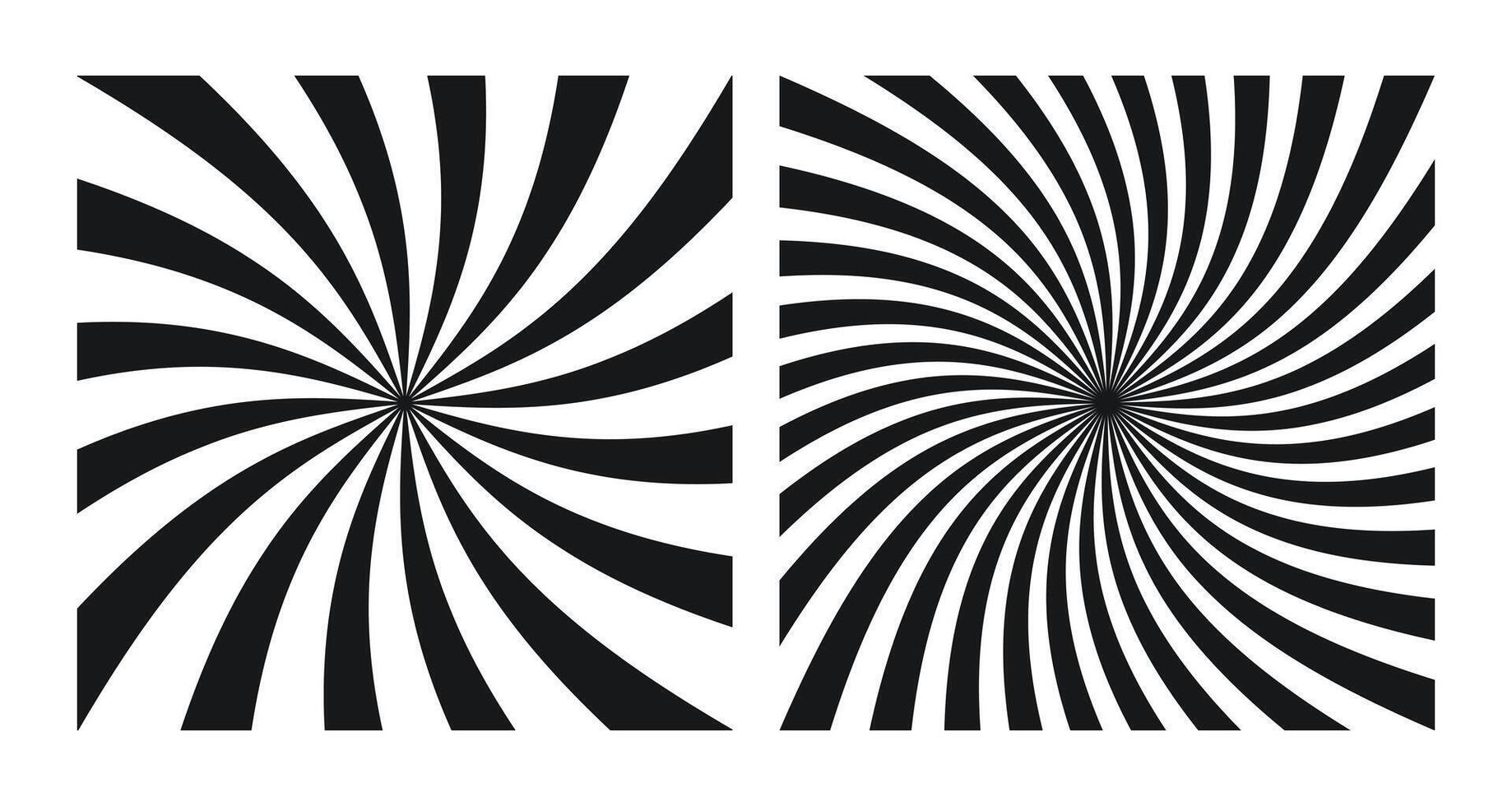 Set of Two Abstract Black Spiral Patterns on White Background. Square Posters with Monochrome Groovy Hypnotic Swirls, Retro Inspired Grunge Sun Bursts vector