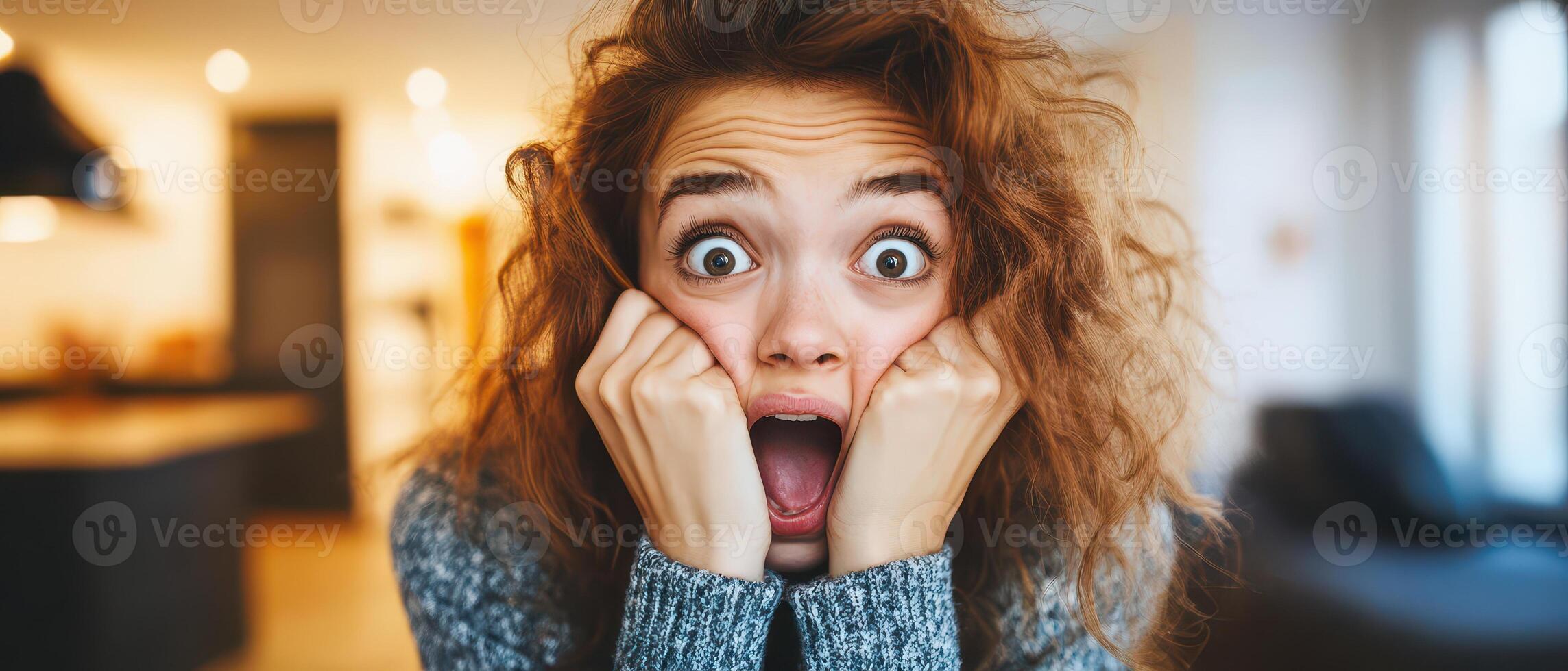 A woman with her mouth open and eyes wide photo