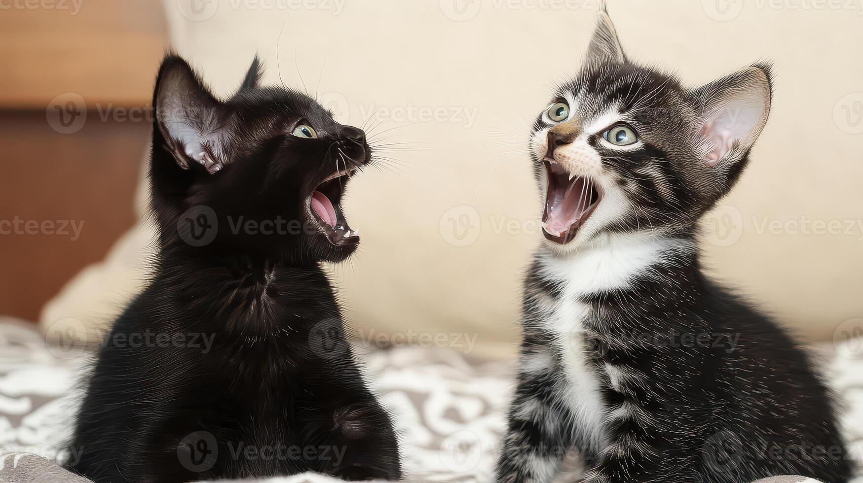 Two black and white kittens are sitting on a bed photo