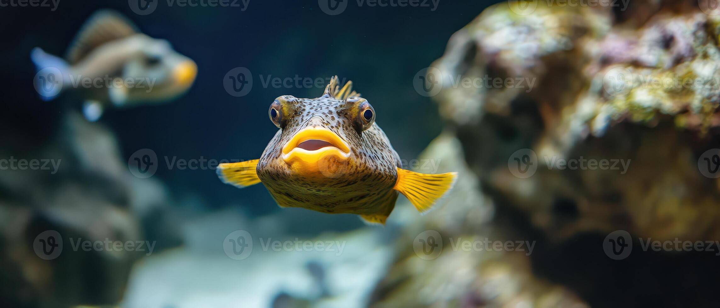A fish with a yellow mouth is looking at the camera photo