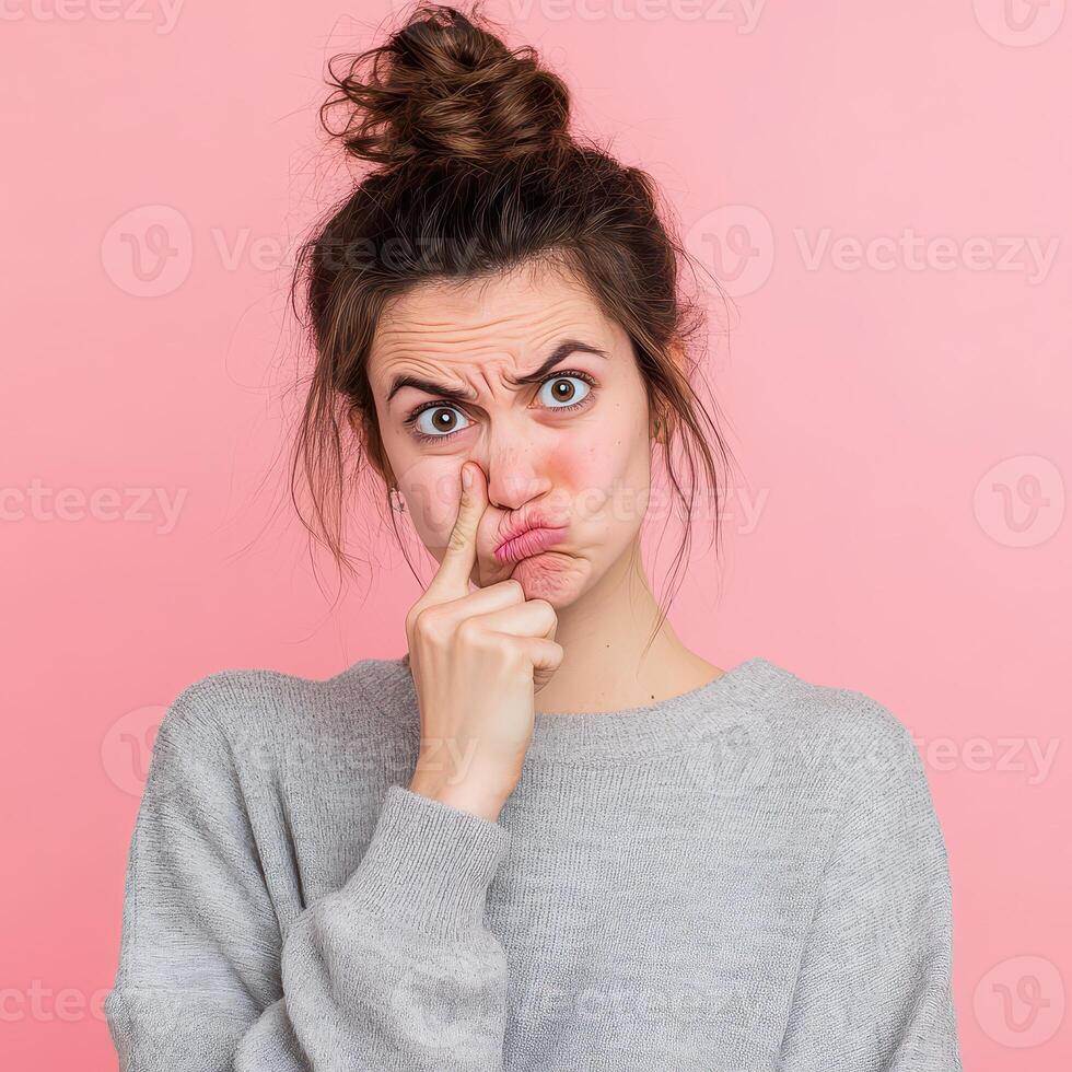 A woman with her finger on her lips and a surprised look on her face photo