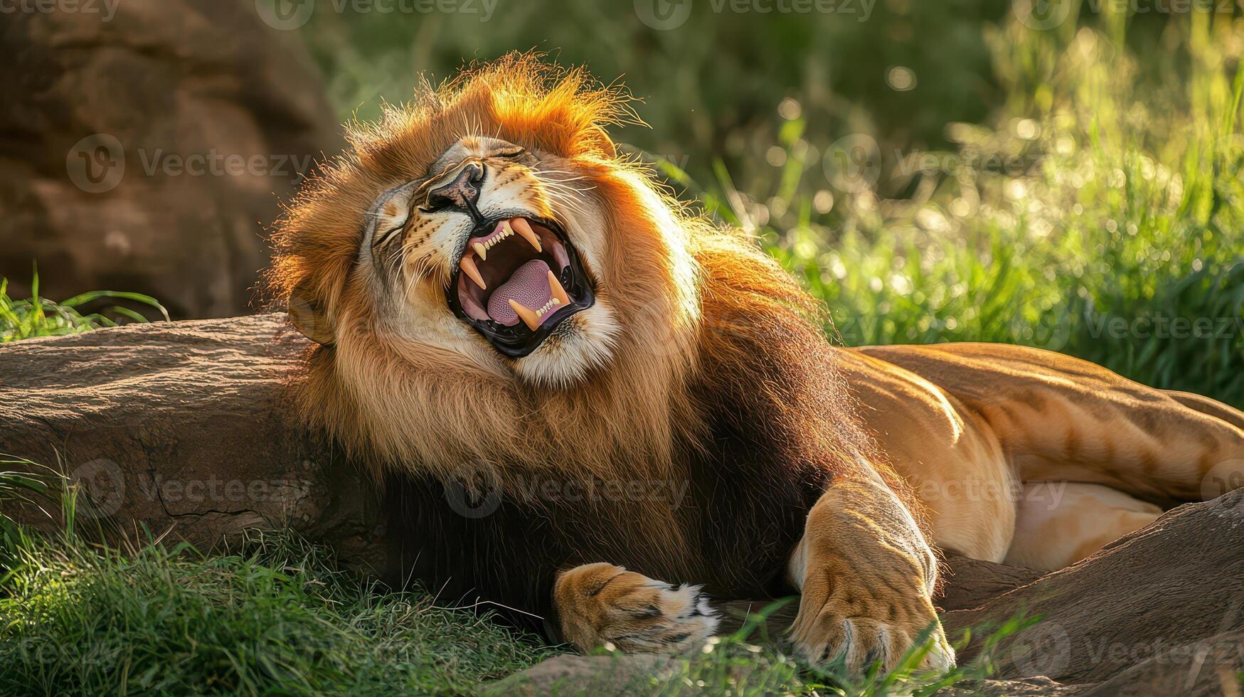 A lion yawning on a rock in the grass photo