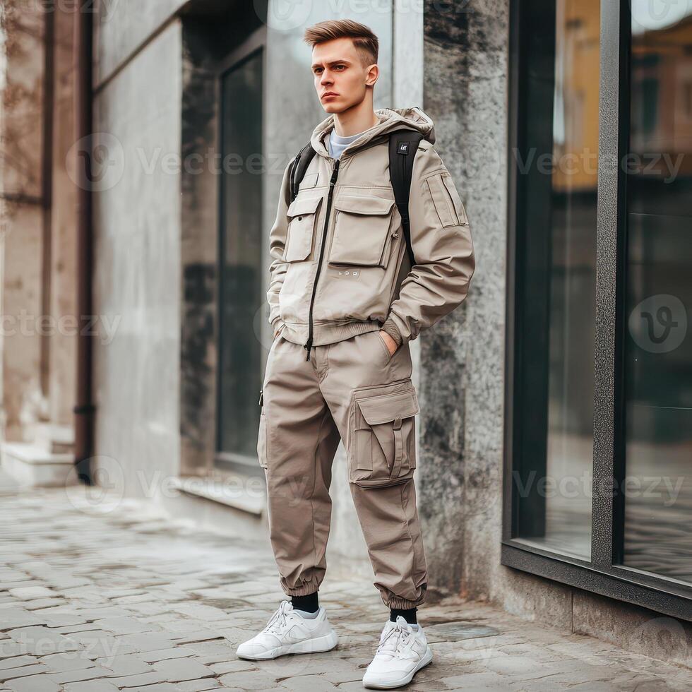 Young man in a grey jacket and cargo pants standing on the street photo