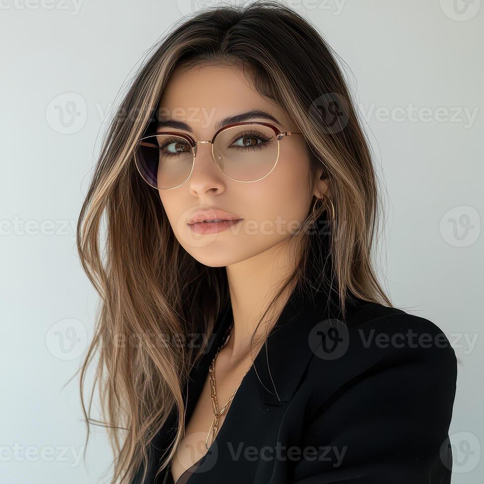 A beautiful woman wearing glasses and a black blazer photo