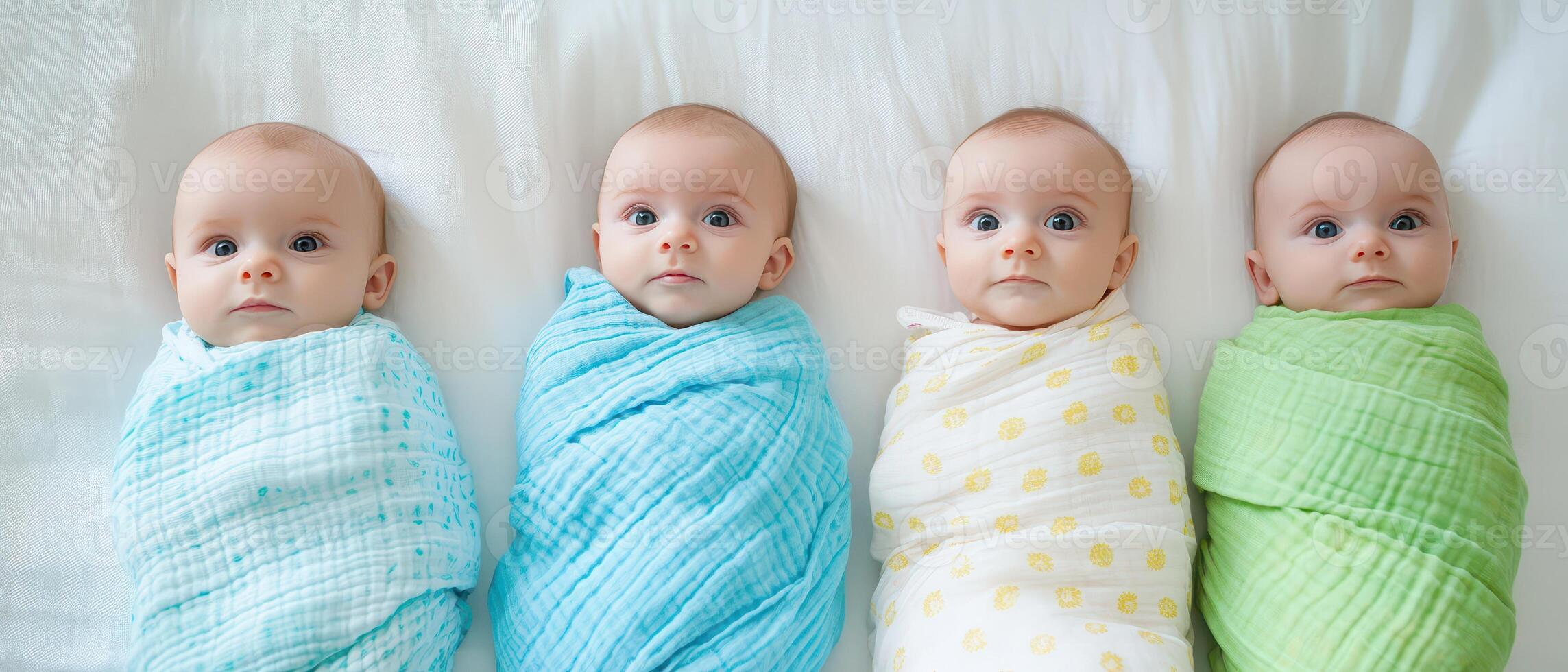 Five babies wrapped in colorful blankets photo