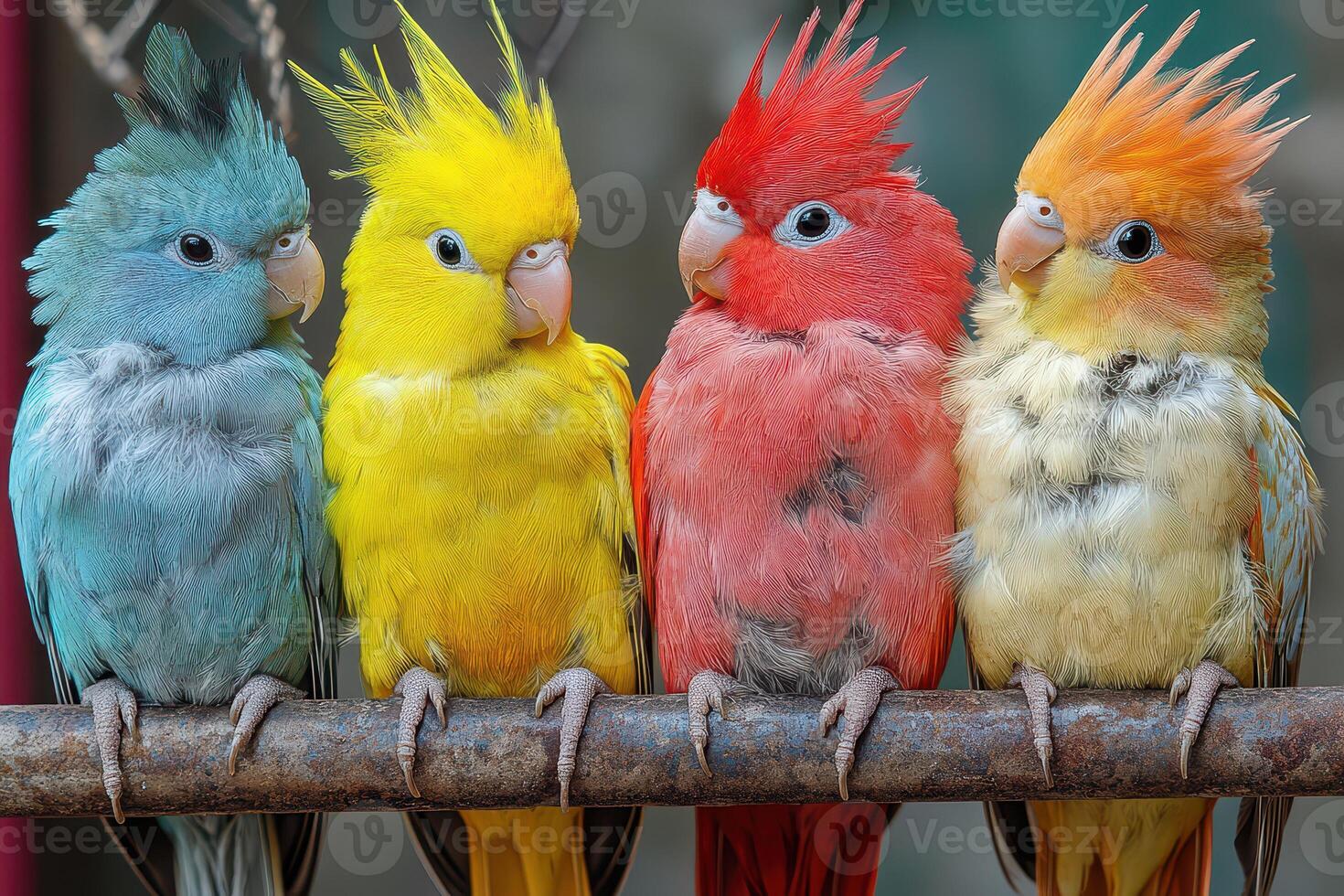 A group of colorful birds sitting on a branch photo