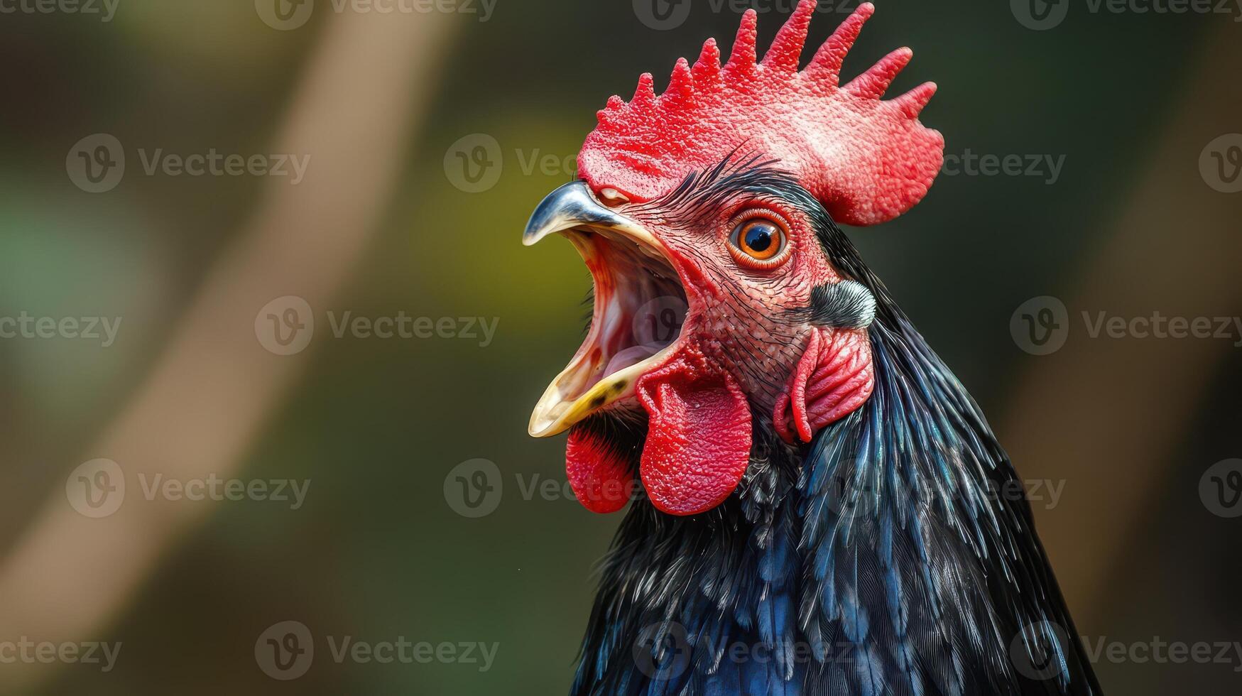 A close up of a rooster with its mouth open photo