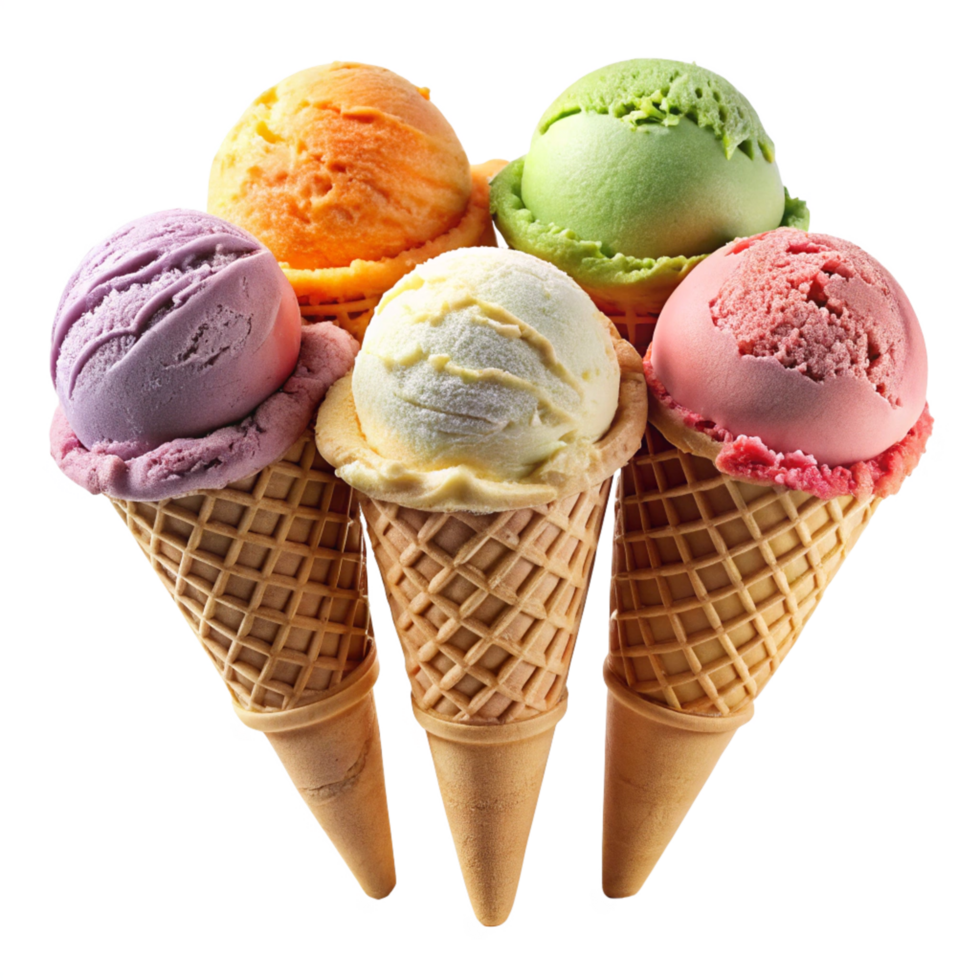 five mix flavours ice cream cones is isolated on transparent background png