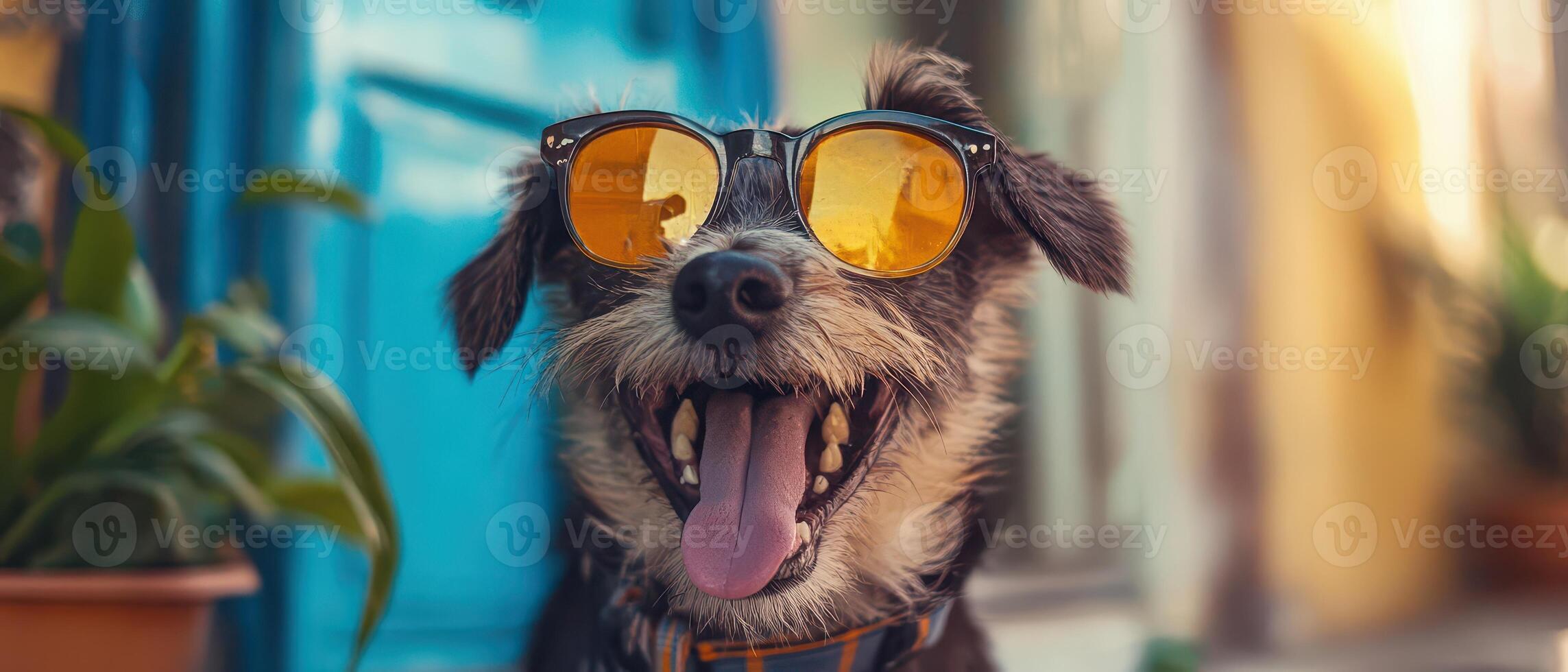 A dog wearing sunglasses in front of a door photo