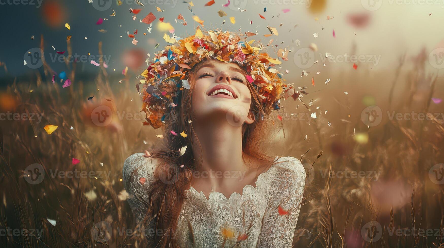 A woman with confetti in her hair and a flower crown photo