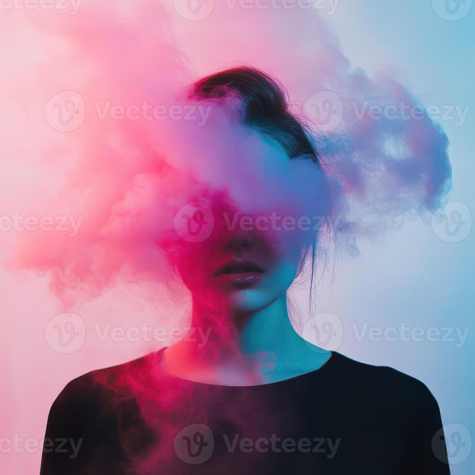 A woman with smoke coming out of her head photo