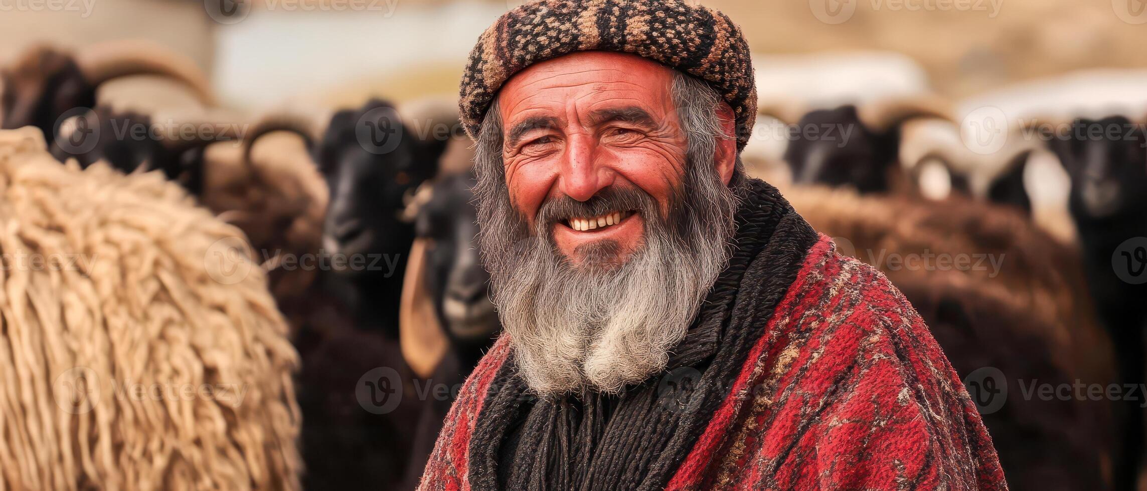 A man with a beard and a red scarf is smiling photo
