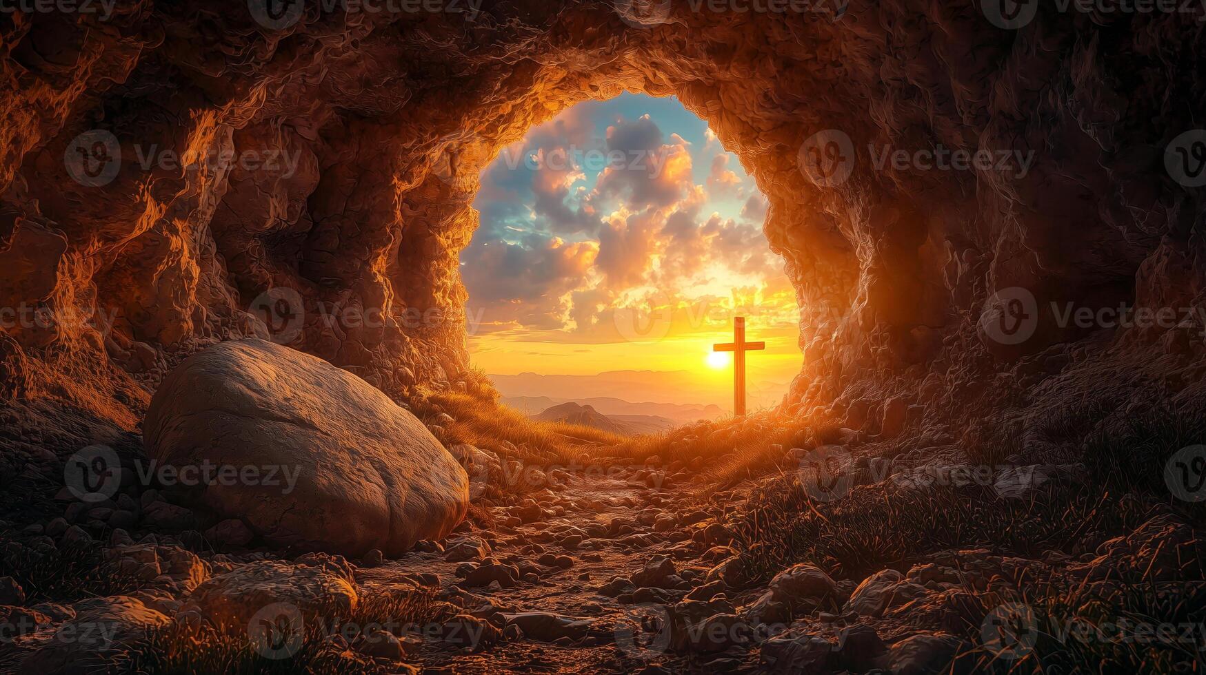 Glowing cave entrance with an empty tomb and a wooden cross at dawn, Easter resurrection scene photo